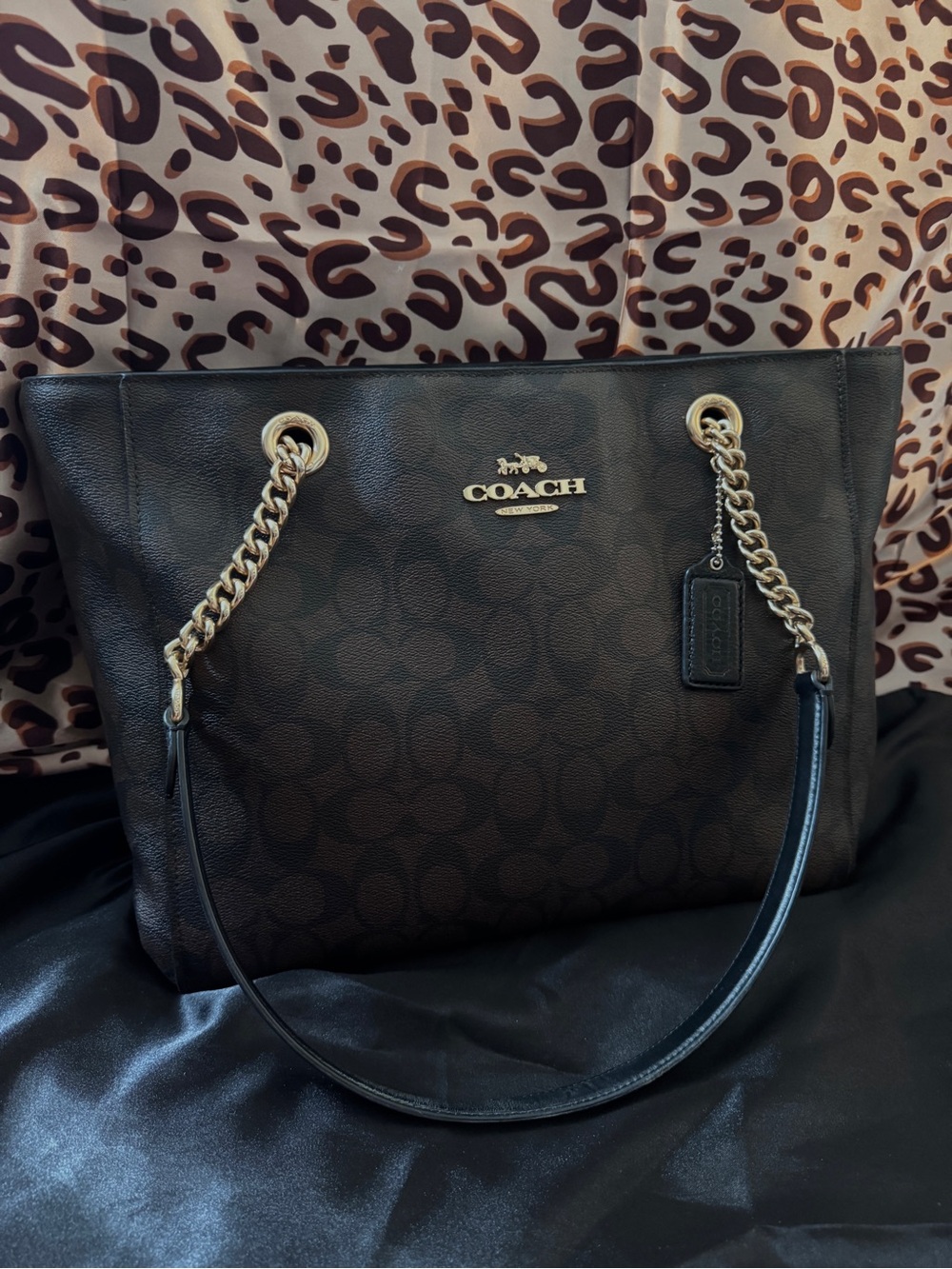 Coach C1565 Black & Brown Signature Chain-Handle Tote